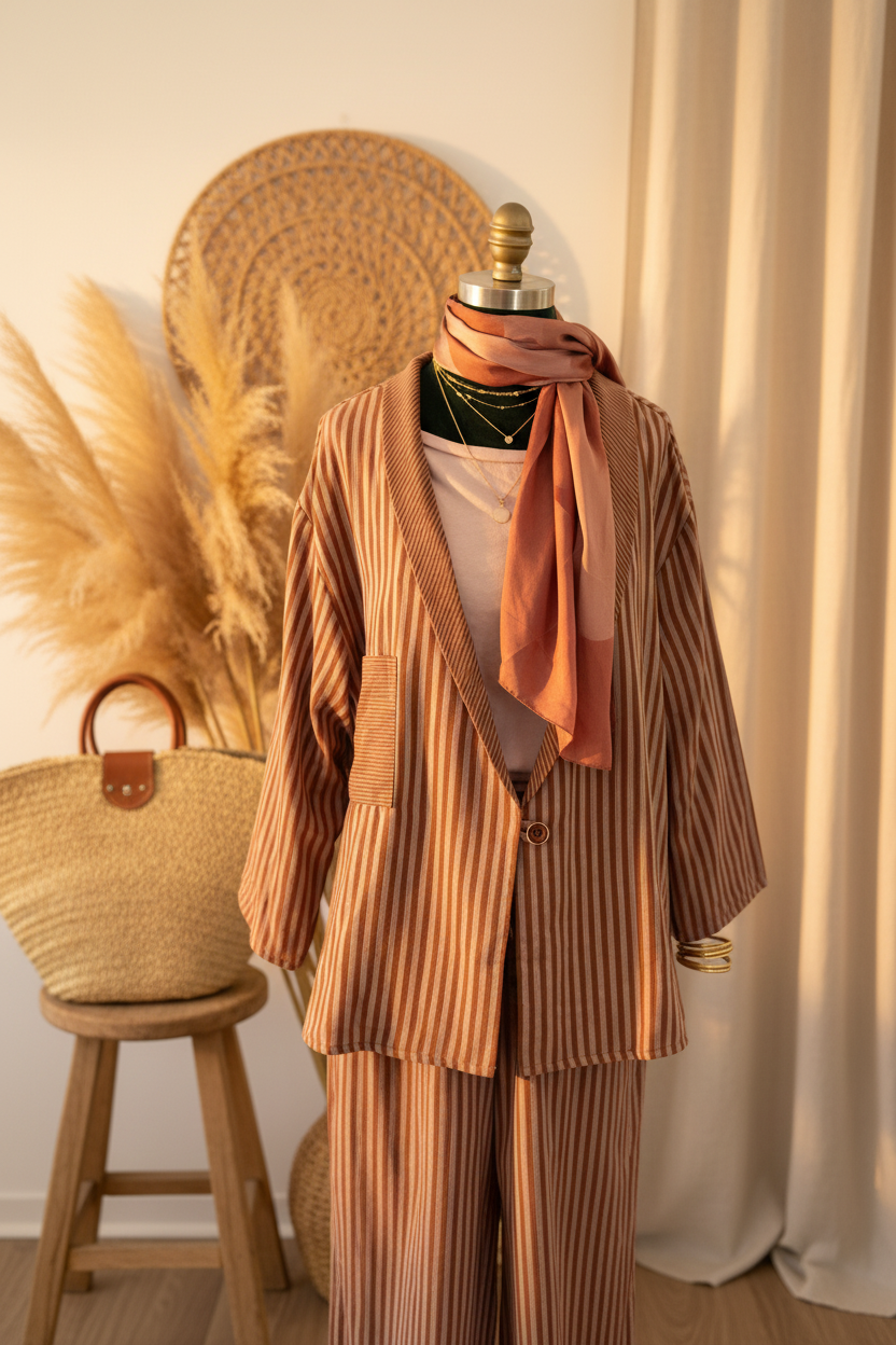 Veste rose Johanna Paris – rayures ocre & rose poudré, fluide, taille unique 36-42