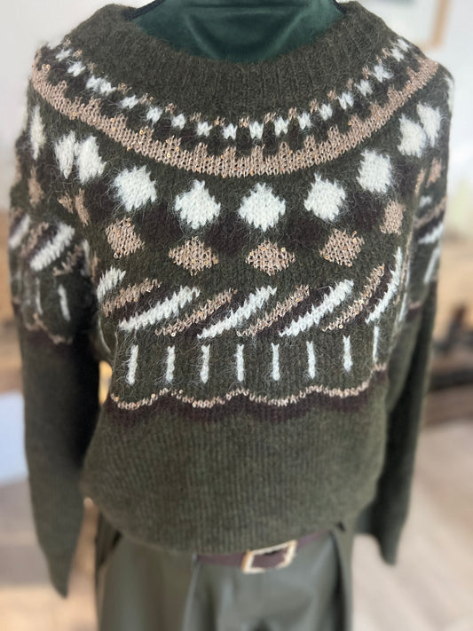 Pull jacquard à paillettes col rond | Maison Lipanoi