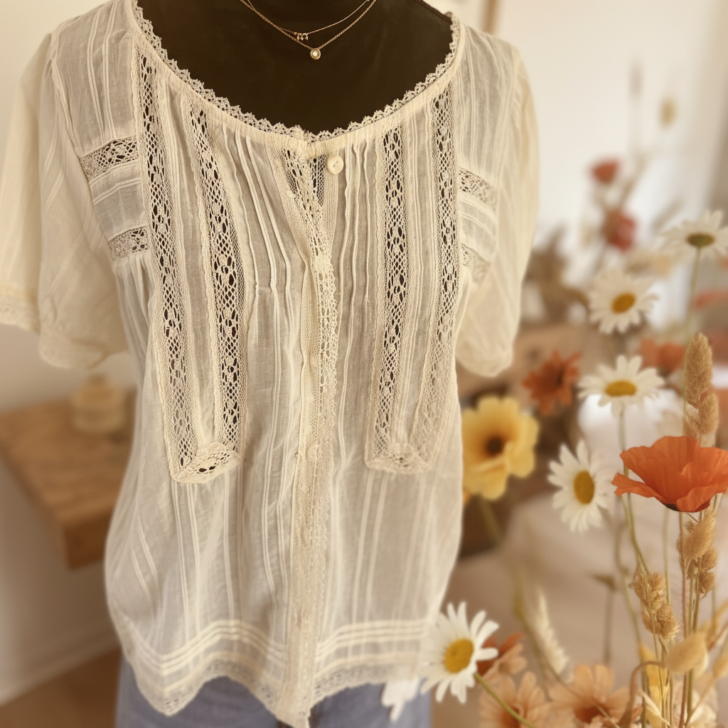 Blouse dentelle Johanna Paris – 100% coton – Taille unique 36 à 40